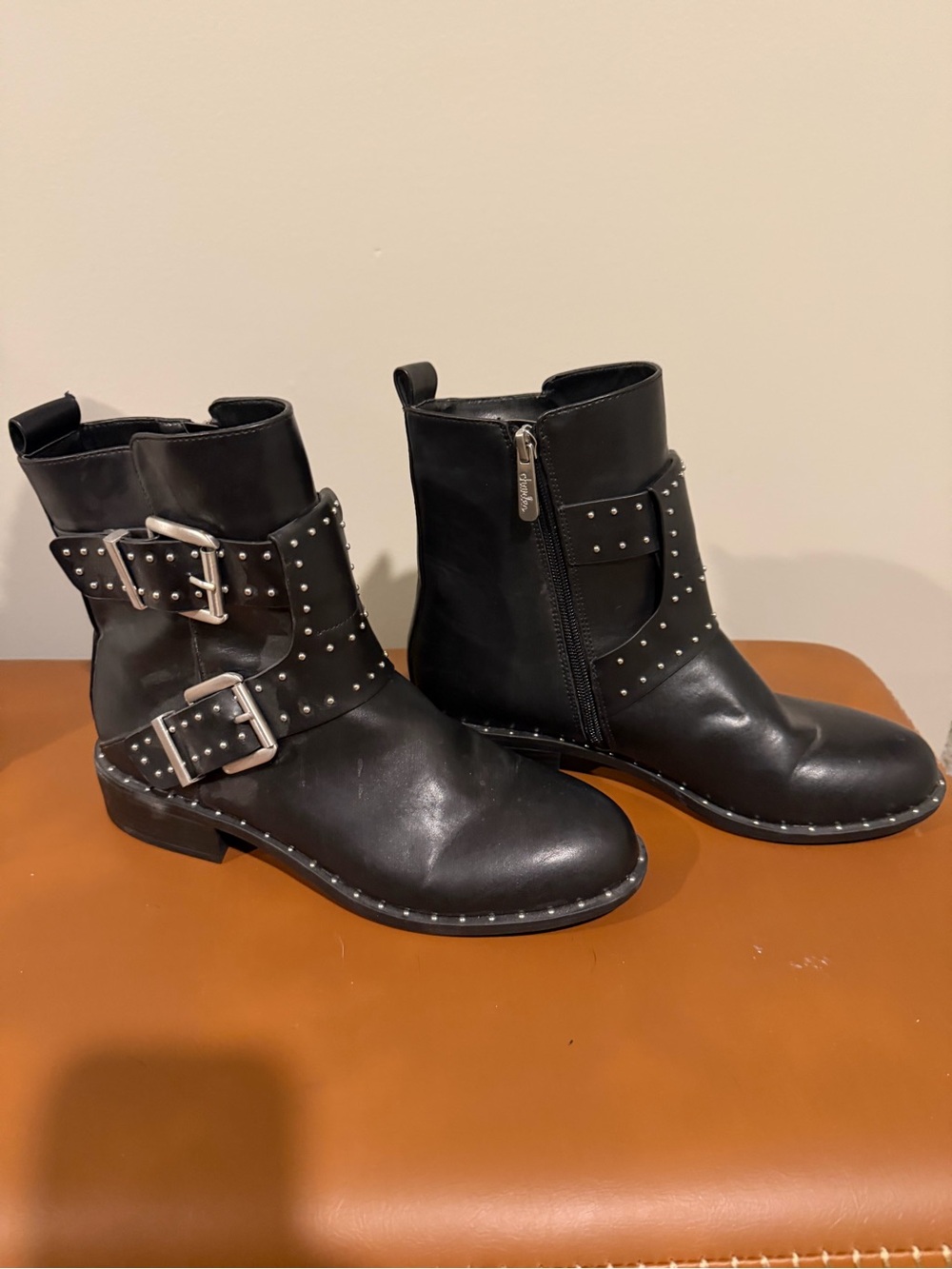 Charles By Charles David Black Studded Double-Buckle Ankle Boots